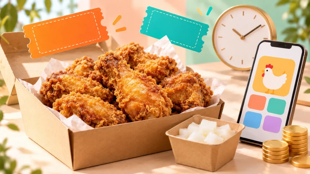 치킨 상자와 할인 쿠폰, 배달앱 화면의 스마트폰 일러스트
