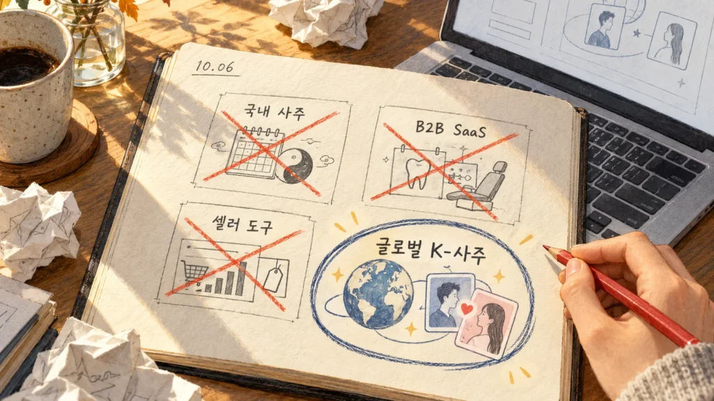 일기장 위에 지워진 세 개의 아이템과 동그라미 친 글로벌 K-사주